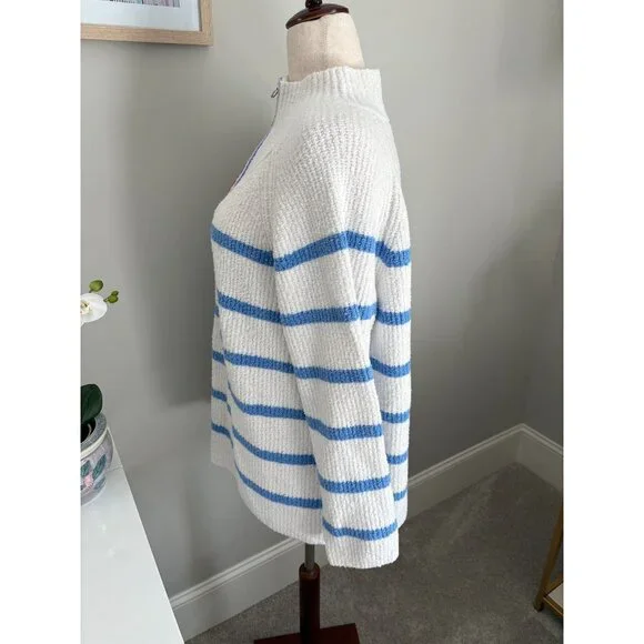 Talbots Size 2X White & Blue Striped 1/4 Zip Mock T Pullover Sweater - Picture 5 of 12